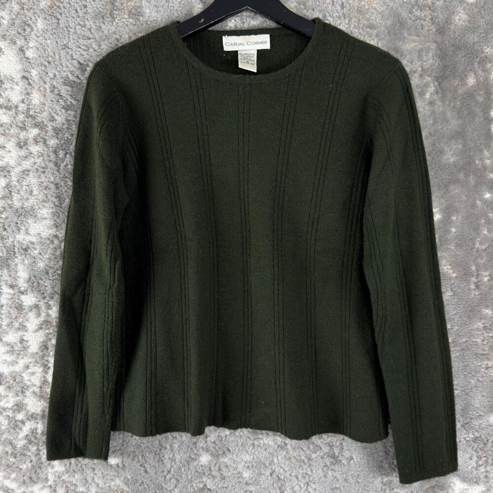 Casual Corner Size M Merino Wool Minimalist Crew Neck Sweater Green Long Sleeve
